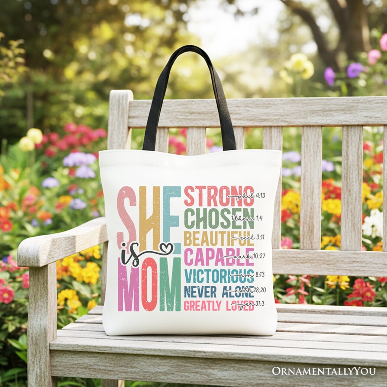 Inspirational Christian Mom Canvas Tote Bag, Affirmation Gift Shopper for Strong and Motivated Mothers